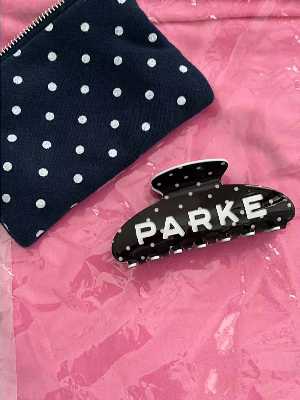 NEW PARKE Black Polka Dot Hair Claw with White Lettering Authentic